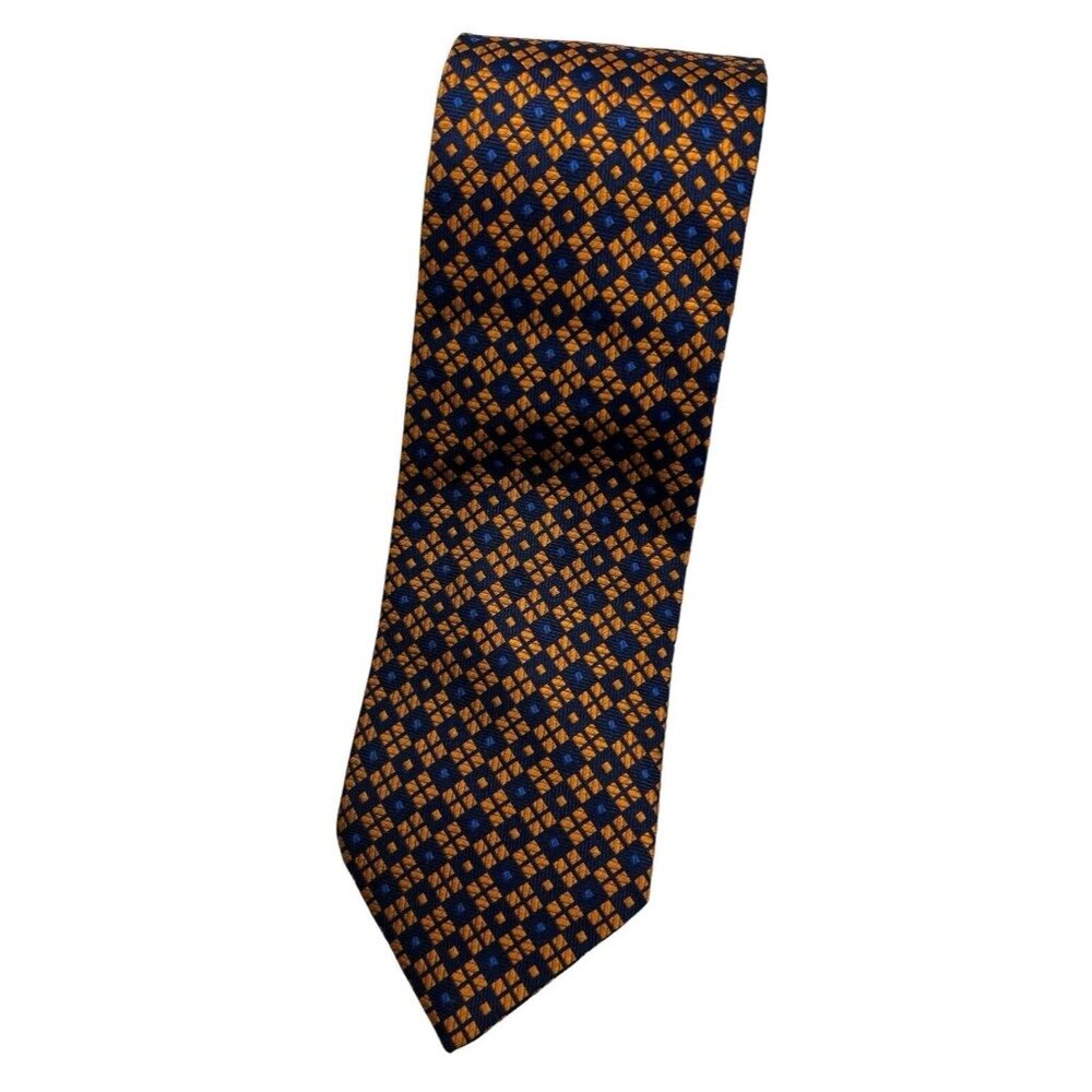 SANTOSTEFANO Men's 100% Silk Necktie LUXURY Tie Navy Orange Geometric W:3.8" EUC